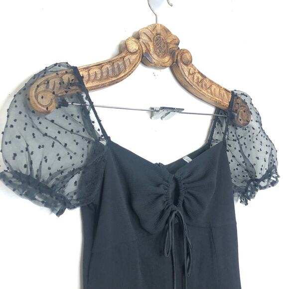 Lucy in the Sky Dress Black Mini Sheer Puff Sleeve Notch Hem Tie Keyhole Small - Picture 5 of 7